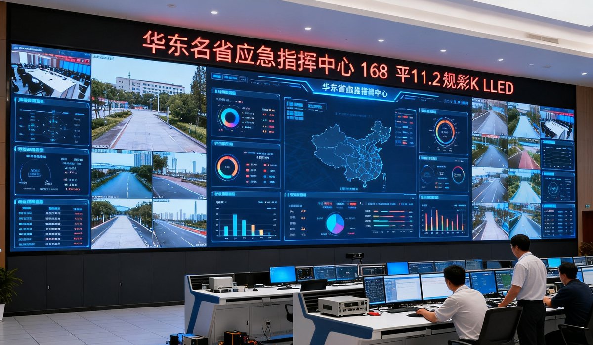 华东某省应急指挥中心新安装的168平方米P1.2规格4K全彩LED显示墙，多路监控画面与数据图表在大屏上分区呈现，操作台前工作人员正在调试系统。