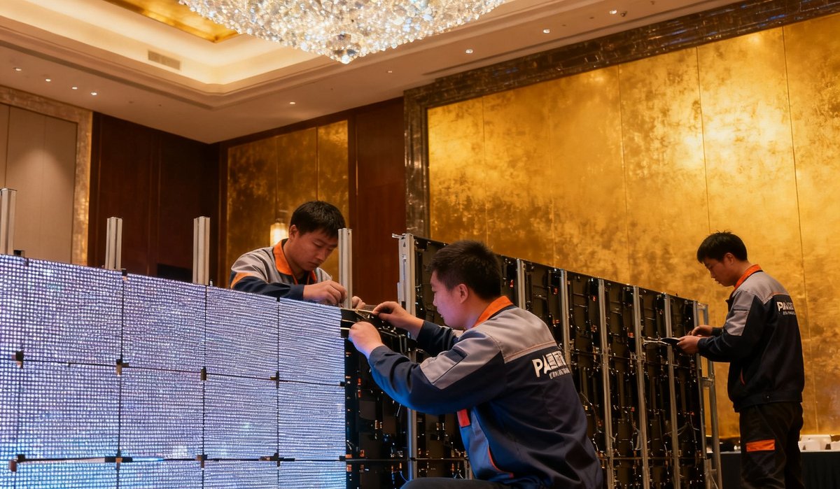 杭州西溪某五星级酒店宴会厅内，PA国际厅团队正在安装可移动式LED柔性屏，工人穿着统一工服进行模组拼接，室内水晶吊灯与金色墙面彰显奢华氛围。