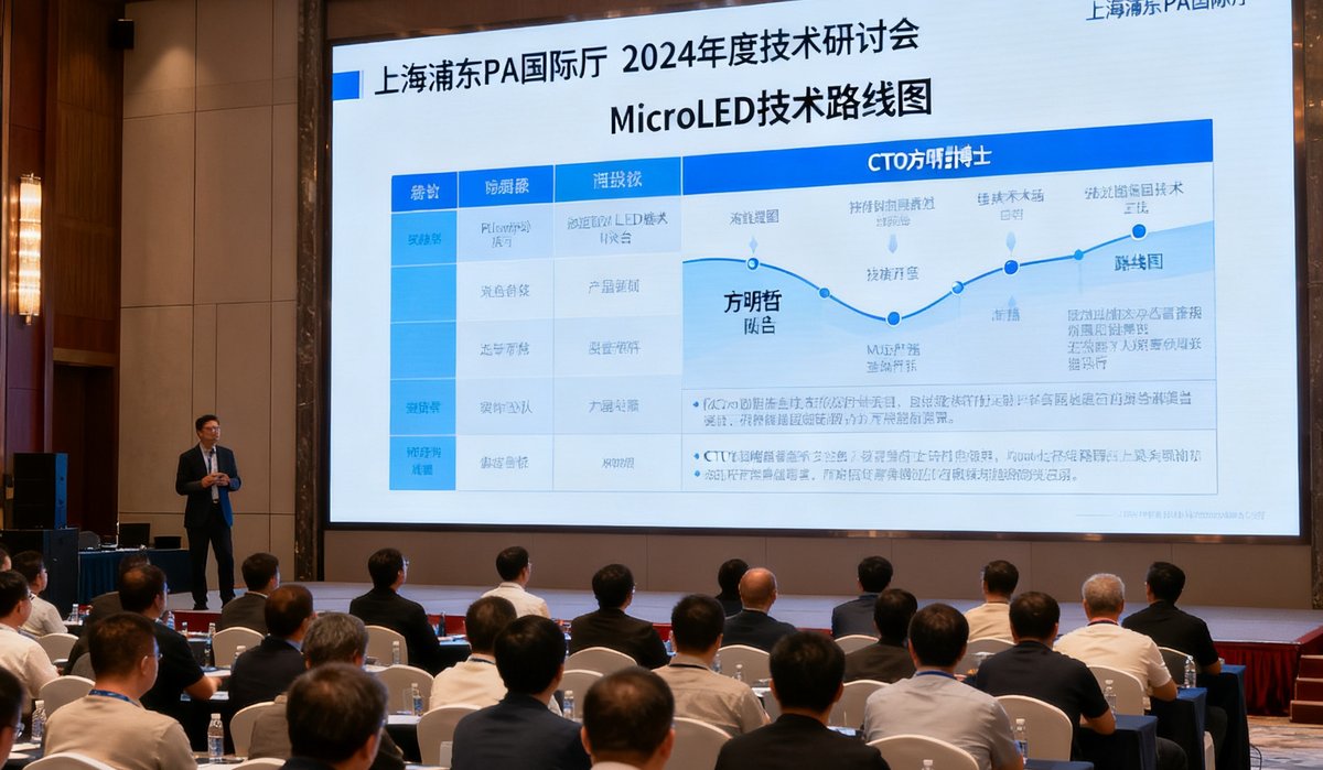 PA国际厅平台2024年度技术研讨会在上海浦东召开，会场内座无虚席，大屏幕展示着MicroLED技术路线图，与会嘉宾正在聆听CTO方明哲博士的主题演讲。