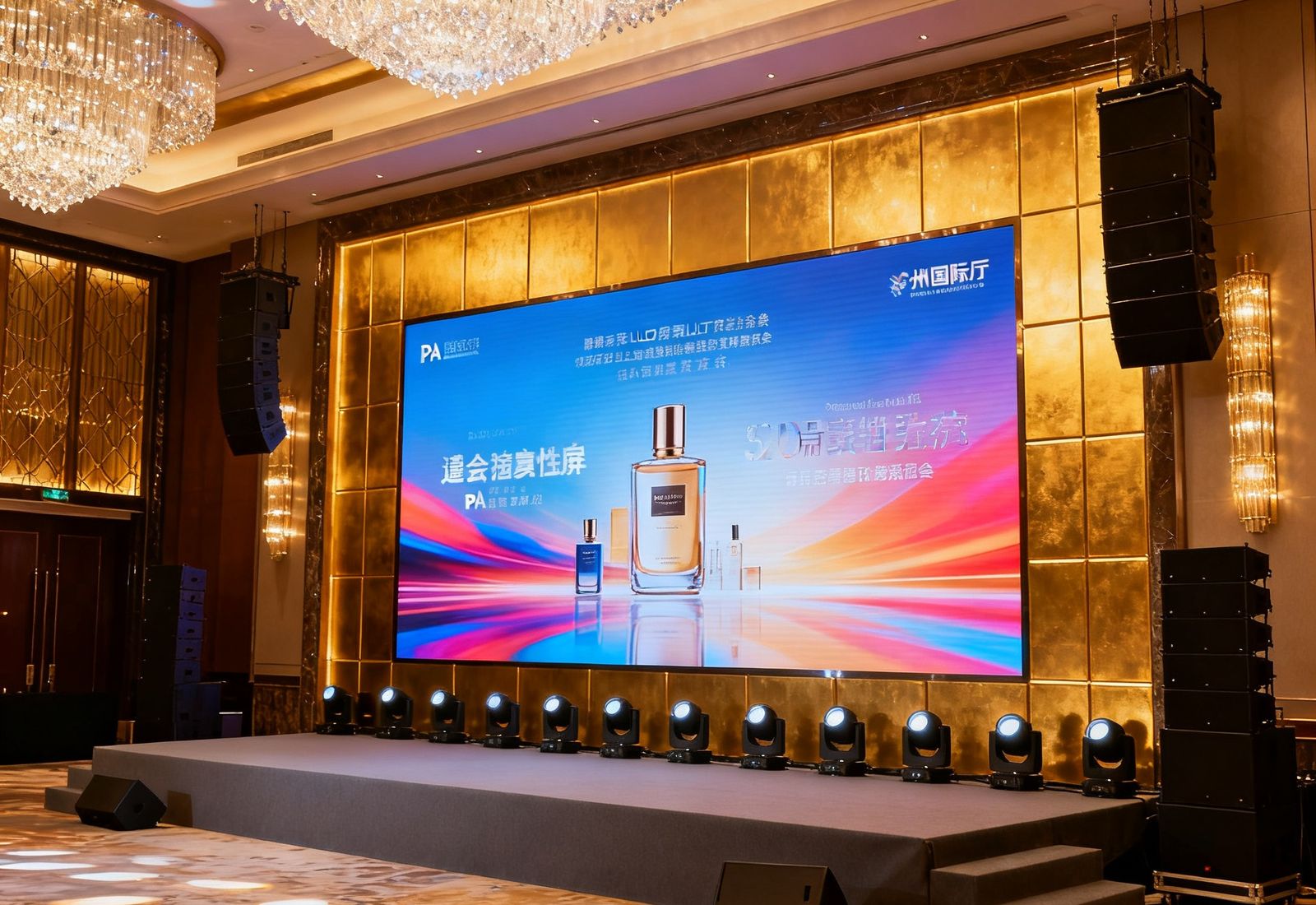 杭州某五星级酒店宴会厅内安装的PA国际厅平台隐藏式LED柔性屏与线阵列音响系统，金色装饰面板与水晶吊灯映衬下的大屏正在播放品牌发布会内容。