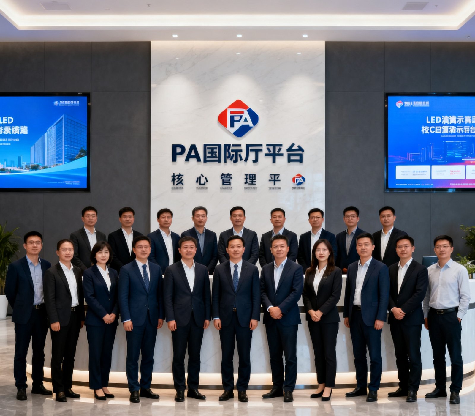 PA国际厅平台核心管理团队与技术骨干在公司总部前台合影，共18人分三排站立，背景为公司LOGO墙与LED演示屏，展现专业沉稳的企业形象。
